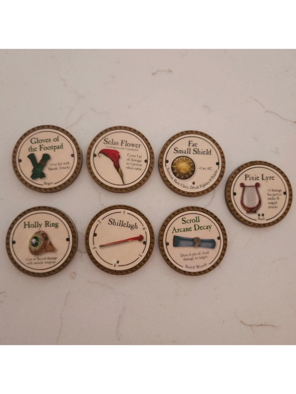 2017 True Dungeon Token Lot of 7 – Holly Ring, Pixie Lyre, Selas Flower & More